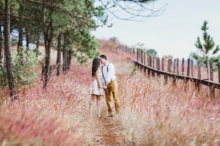 couple, kiss, field