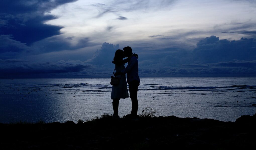 couple, sunset, silhouettes
