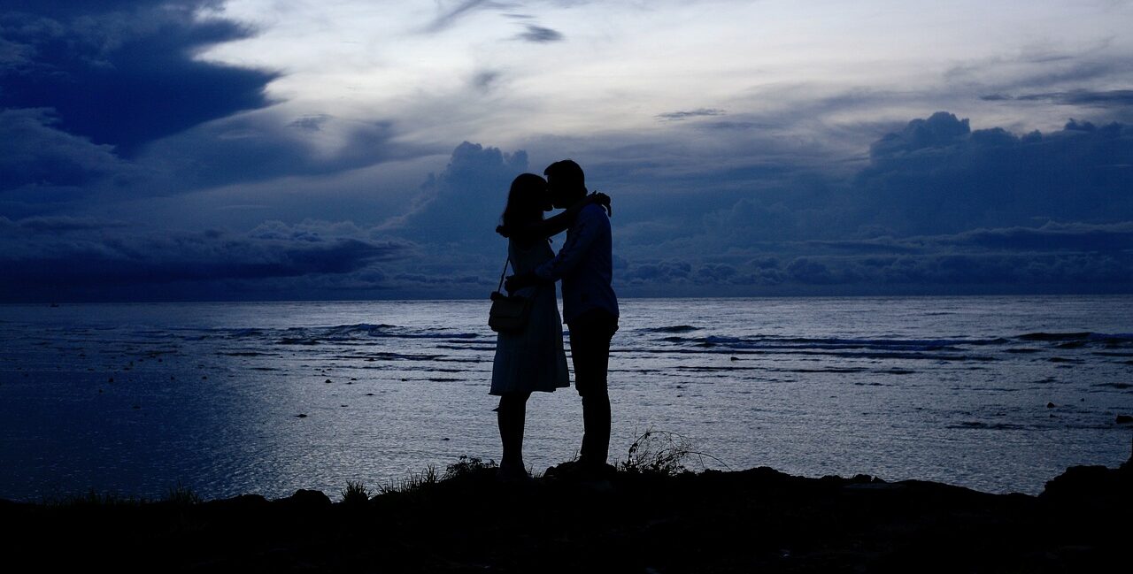 couple, sunset, silhouettes