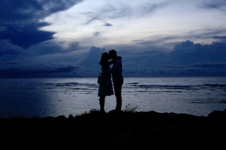 couple, sunset, silhouettes